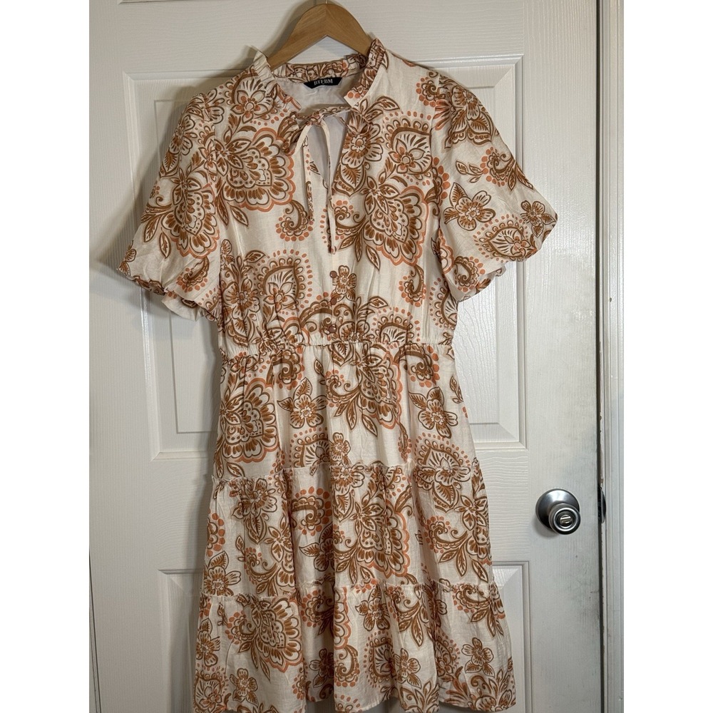 BTFBM Floral A-Line Tan Orange Boho Cottage Dress Size M Ruffle Puff Sleeve